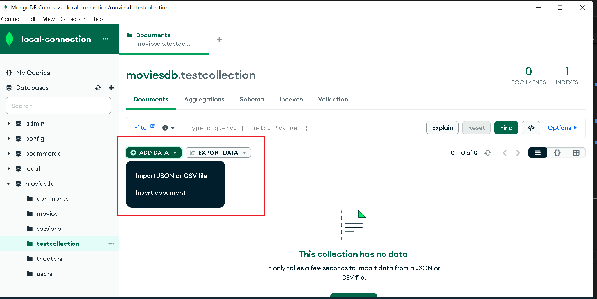 Mongodb Compass UI import or insert manually