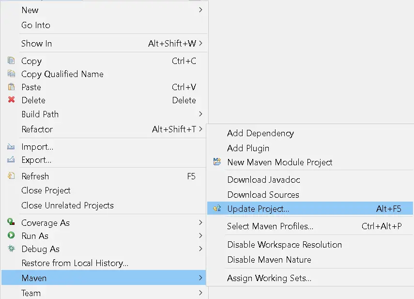 maven force update dependencies eclipse IDE