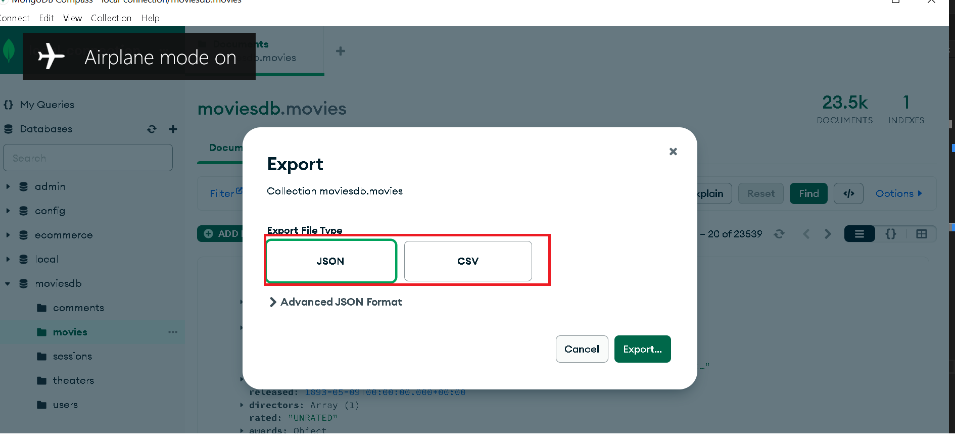 Mongodb Compass UI query Export JSON or CSV