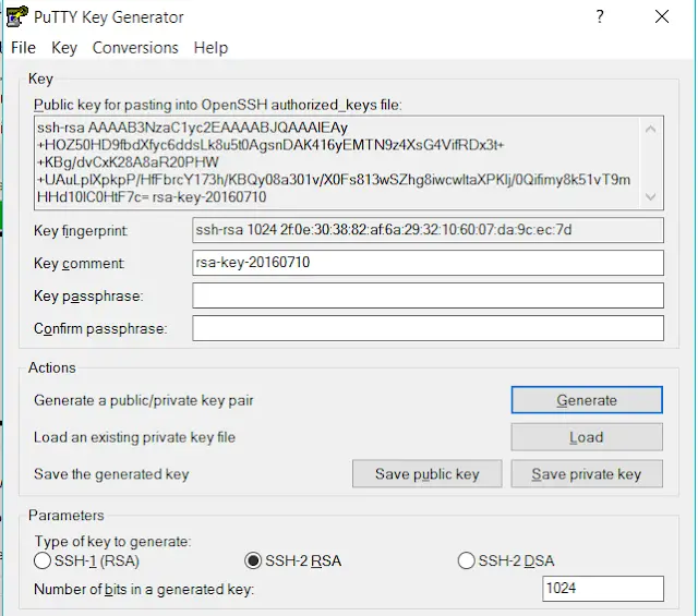 generated public private key pair using PuttyGen